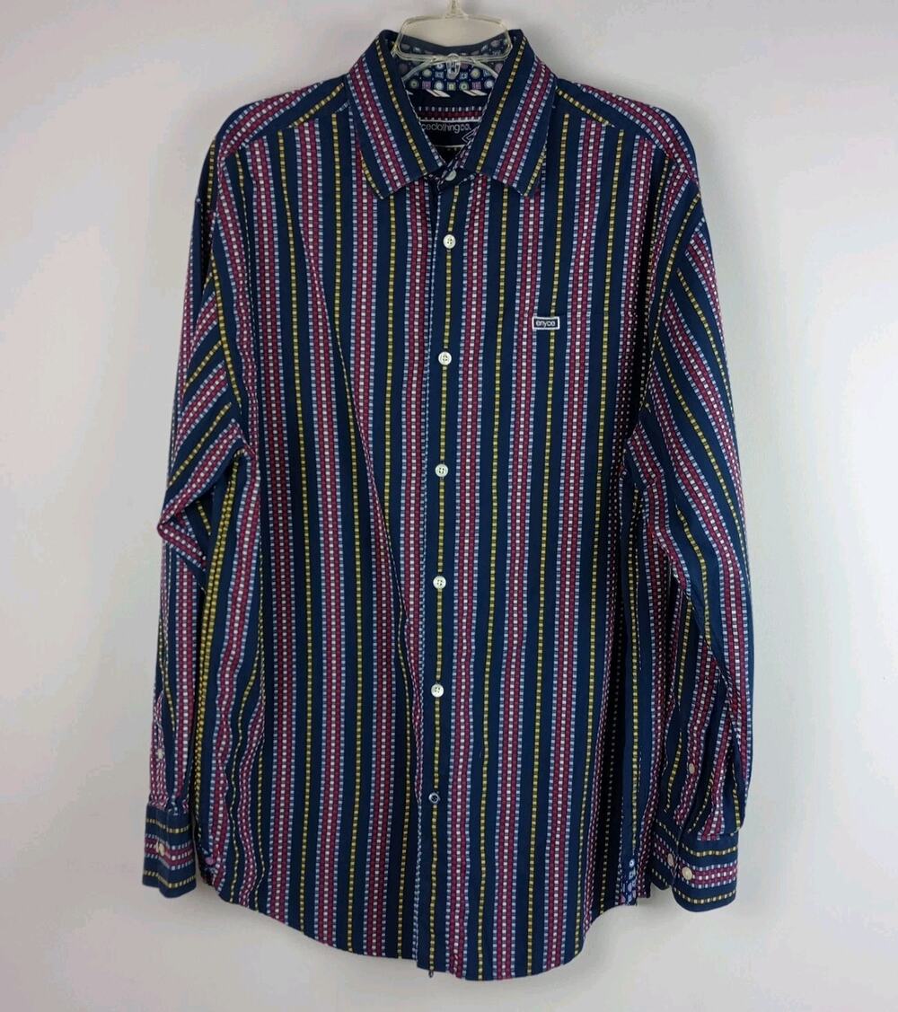 enyceclothing Mens XL Navy Blue Yellow Red Striped Long Sleeve Button Up Shirt